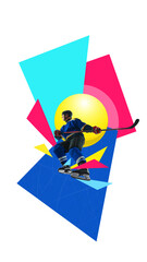 Bold colorful poster. Hockey player in blue uniform surrounded by colorful shapes. Concept of...