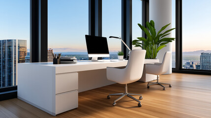 Fototapeta premium Minimalist open-plan designer workspace with city view, photorealistic