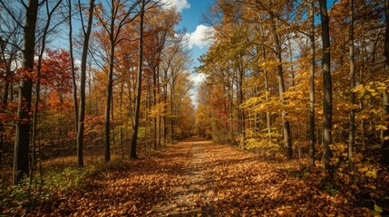 Obraz premium A path covered in fallen leaves through a forest with trees in autumn colors on a sunny day
