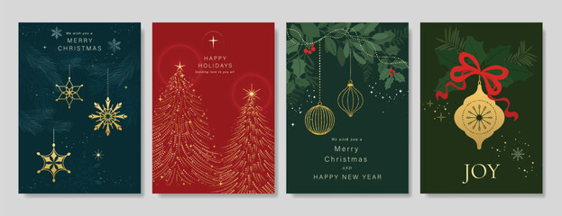 Christmas and Happy holiday greeting card vector set. Elegant wallpaper with pine tree, snowflake, bauble, holly leaf. Holidays design illustration for cover, print, poster, Happy New Year, ads. © babeer