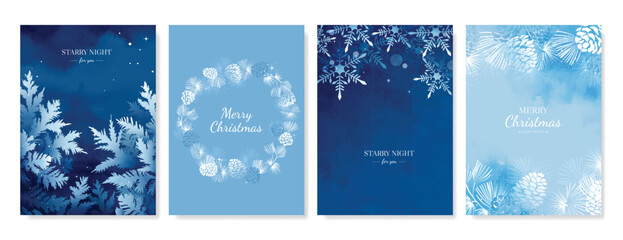 Christmas and Happy holiday greeting card vector set. Elegant wallpaper with pine leaves, pinecone, snowflake. Holidays design illustration for cover, print, poster, Happy New Year, ads. © babeer