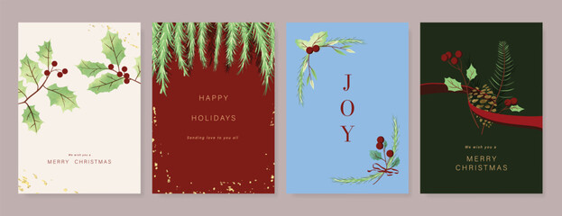 Christmas and Happy holiday greeting card vector set. Elegant wallpaper with pine leaves, hollyleaf, pinecone. Holidays design illustration for cover, print, poster, Happy New Year, ads.