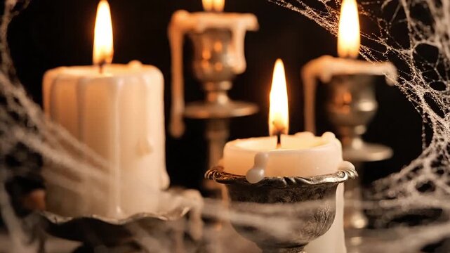 Spooky Halloween candles glow with eerie cobwebs and dripping wax for a haunting atmosphere. - Powered by Adobe
