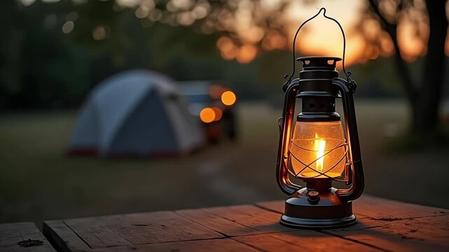 A lit lantern sits on a rustic wooden table with a camping tent and car in the soft background