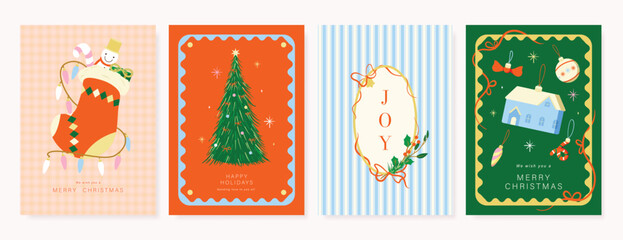 Plakat Christmas and Happy holiday greeting card vector set. Elegant wallpaper with sock, snowman, pine tree, frame, house, bauble. Holidays design illustration for cover, print, poster, Happy New Year, ads.