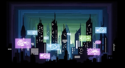 A futuristic city skyline at night with glowing holographic data screens and interfaces.