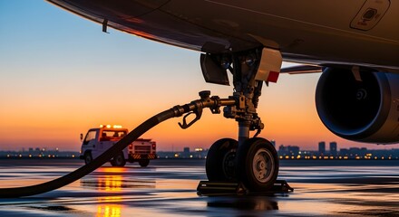 An Airplane at Sunset Refueling with a Vehicle Beside it on the Tarmac During Dusk
