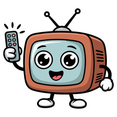 A charming cartoon television with a remote control, displaying a happy expression and friendly appearance.