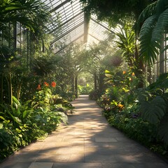 Naklejka premium Sunlit Botanical Garden Path Lush Green Plants Stone Walkway