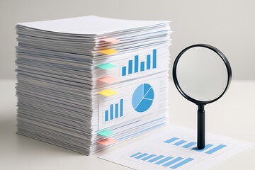 Stack of business documents with financial charts magnifier and analysis concept symbolizing strategy management evaluation data growth discovery information research business organization 