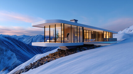 Obraz premium Serene alpine eco-villa on snowy ridge at sunrise, photorealistic