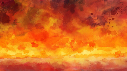 Dramatic watercolor wash textures in shades of orange, red and yellow create a fiery sunset effect