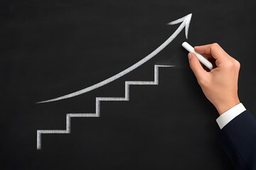 Hand drawing staircase arrow on blackboard representing business growth success progress motivation leadership planning upward achievement and inspiration innovation target concept advancement 