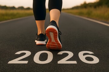 Woman's feet on the road, begin to run, fresh start of New year 2026, planning, goal, and new year resolution