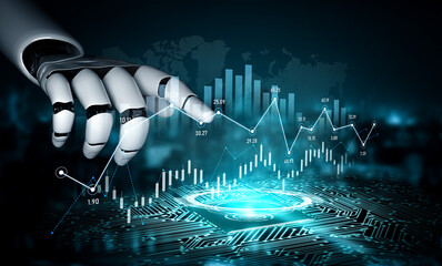 A futuristic robotic hand hovers over a circuit board, interacting with digital data visualizations, representing financial growth and trend analysis in technology. Scalp