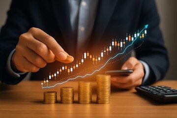 Person stacking gold coins on table using smartphone showing increasing graph chart arrow symbolizing investment growth financial planning and business success strategy innovation.