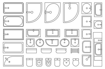 bathroom sanitary items vectors, architectural icons set of  baths,shells, toilets, washbasins, urinals, showers topview
