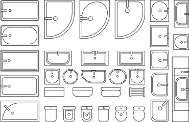 bathroom sanitary items vectors, architectural icons set of  baths,shells, toilets, washbasins, urinals, showers topview