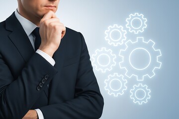 Businessman thinking planning with abstract gear mechanism technology system innovation problem solving process engineering automation concept futuristic modern management development idea.