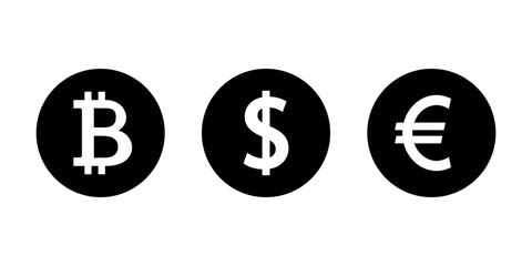 Bitcoin, dollar, and euro money icon in black circle. Financial currency symbol