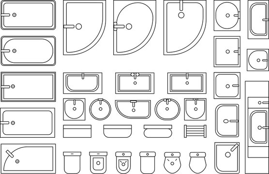 bathroom sanitary items vectors, architectural icons set of  baths,shells, toilets, washbasins, urinals, showers topview