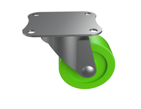 A detailed 3D rendering of a fixed caster wheel featuring a vibrant lime green polyurethane tire and silver metal mounting plate, isolated on a PNG Transparent HD Background.