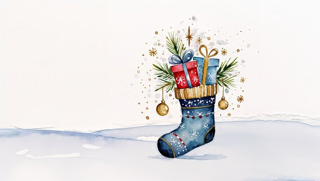 Christmas Stocking with Gifts Watercolor Holiday Illustration