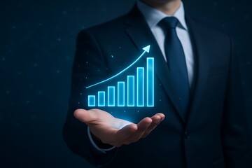 Businessman holding holographic digital growth chart representing success profit financial data increase analysis performance development management economy futuristic innovation achievement concept 