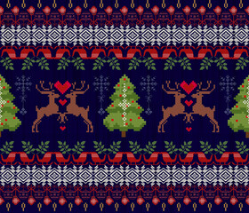 Pixel art fabric pattern, Christmas, abstract, ethnic, blue background for textile, clothes, curtains, carpets, pillows, bags, decorations, vector illustration.