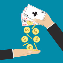 Banner for the casino industry, gambling and more. Concept of winning, profit and luxury. Rain of golden coins from four ace cards in hand. Easy money, jackpot, bingo casino.