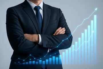Confident businessman crossing arms with growing chart indicating leadership financial success strategy corporate profit and achievement business growth management economy goal progress concept.