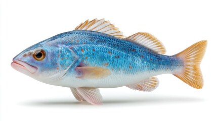 Fototapeta premium A Detailed Sharp Studio Shot of a Bright Blue Fish with Orange Speckled Fins and Scales Against a Clean White Background with Soft Lighting