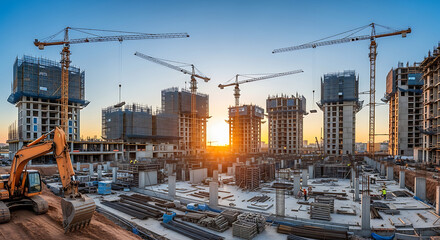 Vibrant cityscape under construction with towering cranes at sunset