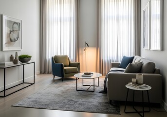 Fototapeta premium Modern Living Room Interior Design Sofa, Armchair, Coffee Table, Rug, Curtains, Artwork.