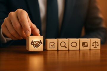 Businessman hand choosing handshake icon block symbolizing partnership agreement teamwork cooperation trust collaboration success and strategy business relationship management leadership 