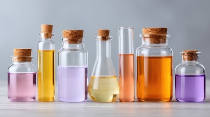 A Laboratory Still Life Featuring Seven Assorted Glass Bottles Filled With Colorful Liquids Amber Yellow Pink Purple Orange Against A Light Gray Background
