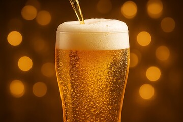 Glass of cold beer with foam bubbles representing refreshment golden drink celebration alcohol party beverage brewery taste pub bar enjoyment fun concept.