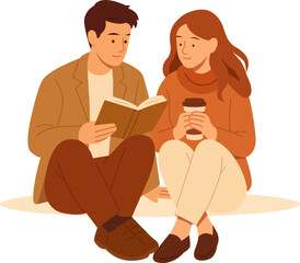Cozy flat vector of a couple sitting together, reading a book and drinking coffee. Perfect for love, leisure time, autumn mood, relationship, and relaxation concepts.