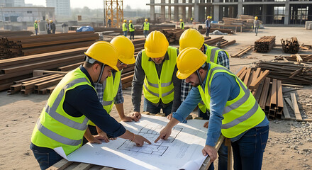 Construction team collaborating discussing blueprints on busy worksite safety gear