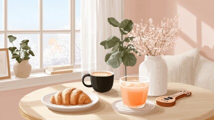 Fototapeta premium A cozy breakfast setting with coffee, juice, a croissant, and flowers near a sunny window.