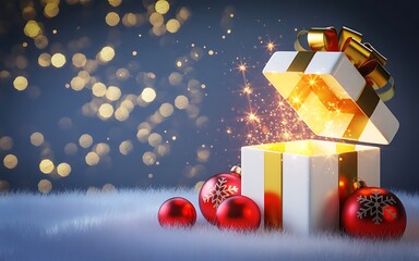 Brightly lit christmas gift box overflowing with golden sparkles and light against a bokeh background with red ornaments and snow