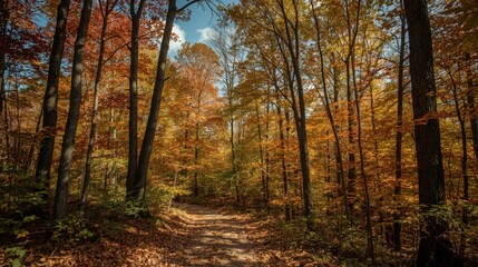 Obraz premium A path winding through a vibrant autumn forest with colorful leaves and tall trees under a blue sky