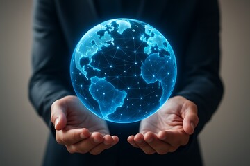 Businessman holding glowing blue globe network symbolizing digital global communication innovation technology future connectivity data transfer concept modern progress visualization earth