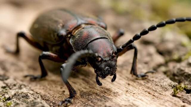 Macro Photography of a Large Beetle on Wood, Showing Detailed Body Parts and Antennae