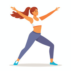 Woman in sportswear doing yoga pose, arms outstretched, smiling, vector illustration.