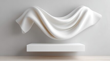 A Crisp White Fabric Draped Elegantly Over A Floating Pedestal Against A Neutral Wall with Wooden Floor and Soft Lighting