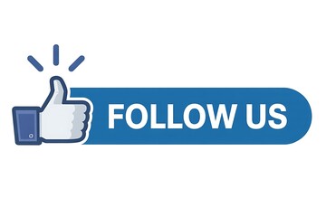 Blue follow us button with a white thumbs up icon and radiating lines indicating engagement and social media call to action
