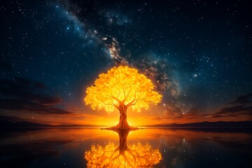 Golden tree glowing in the night sky reflection on water representing fantasy life energy creation imagination inspiration universe nature dream concept sky