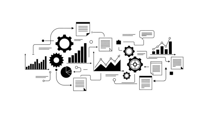 Vector art of data processing and analysis with charts, graphs, and gears