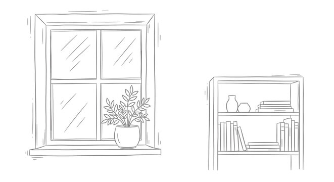 Vector art of window with plant and bookshelf in sketch style